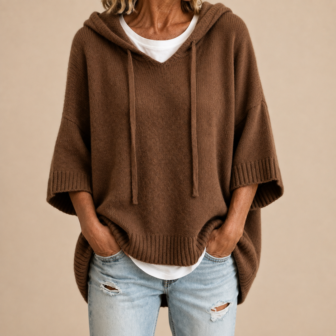 Céleste | Poncho en maille à capuche et manches trois-quarts