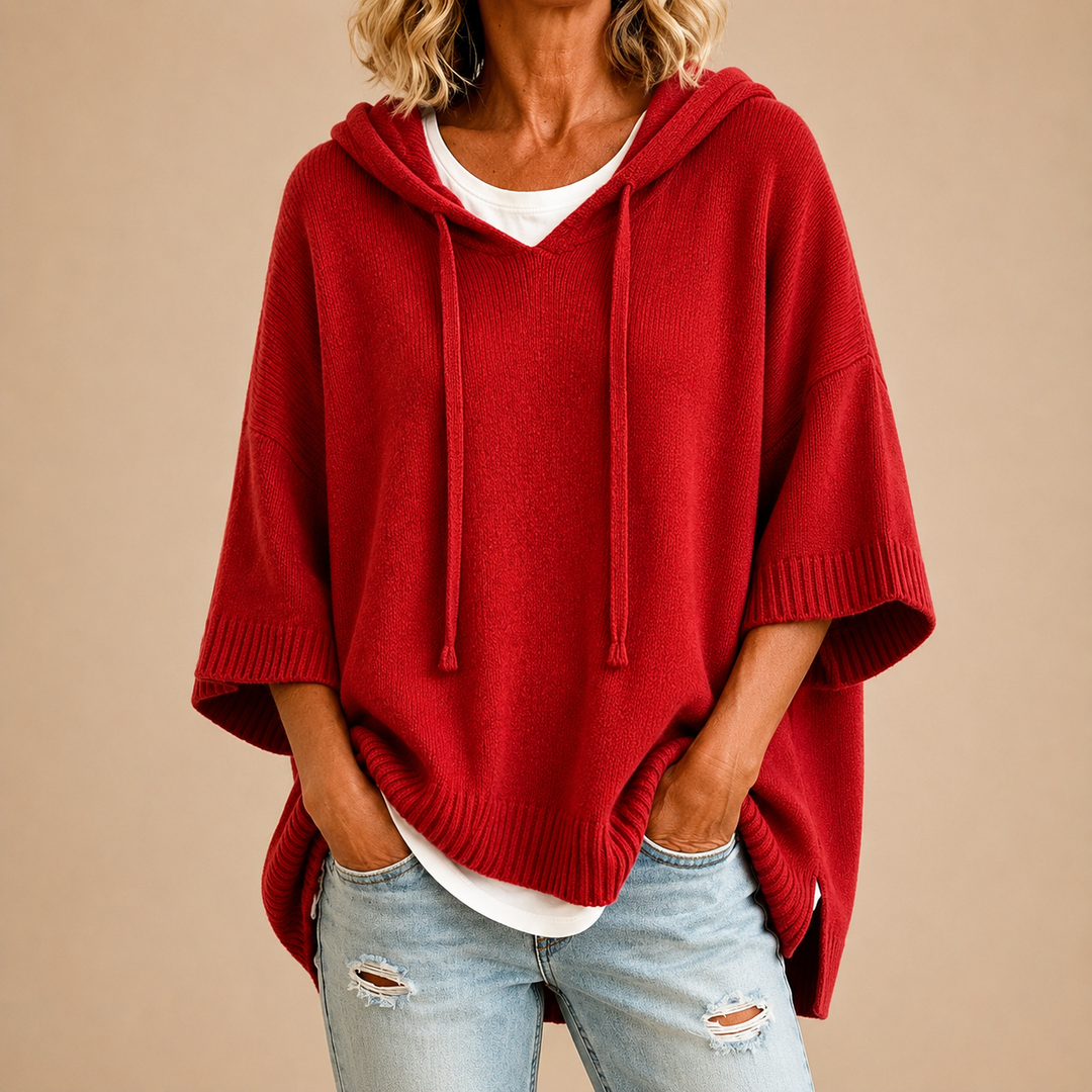 Céleste | Poncho en maille à capuche et manches trois-quarts